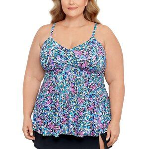 NWT Swim Solutions V-Neck Underwire Swim Tankini Top Dancing Colors Blue 22W